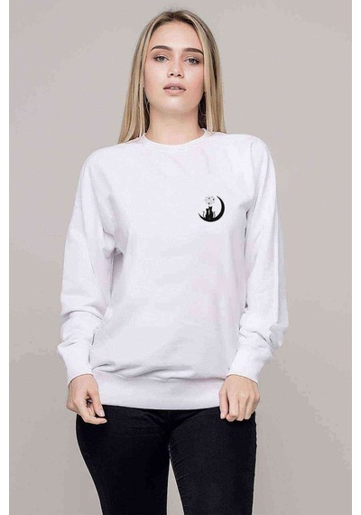 Kediler Aşk Ay Yıldızlar Göğüs Baskılı Beyaz Kadın Sweatshirt