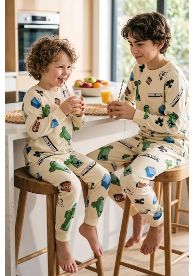 Zuzunga Computer Game Desenli Erkek Çocuk Pijama Takımı Krem