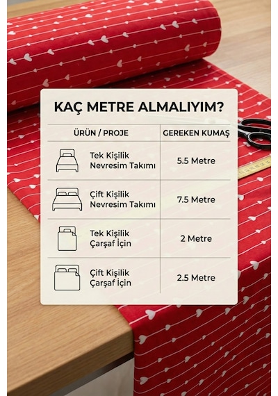 Pamuklu Kırmızı Kalpli Baskılı Kumaş En: 240 Cm Nevresim, Çarşaf, Yastık Kılıfı, Elbise, Çanta