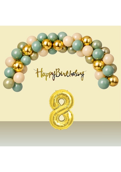 8 Yaş Retro Gold Kromgold Küfyeşili Kumbeji Balon Happy Birthday Banner Gold Rakam Doğum Günü Süsü Çok Renkli