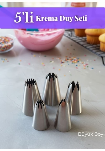 Büyük Boy Krema Duy Seti 5'li Paslanmaz Pasta Cupcake Kurabiye Duyu Çelik Süsleme Başlıkları Set-4 Metalik Gri