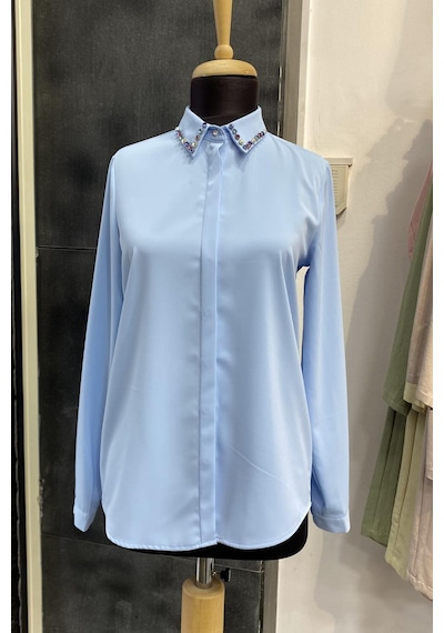 Pera Moda Yakası Taşlı Basic İç Göstermeyen Şık Gömlek Bebe Mavisi
