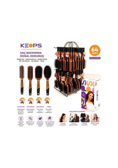 Keops Frç-47 449922 Tarak Bambu Gövde Saç Fırçası Metal Standlı Bambu Sap Silikon Kaplı Uç Fön - 64'li Paket Diğer