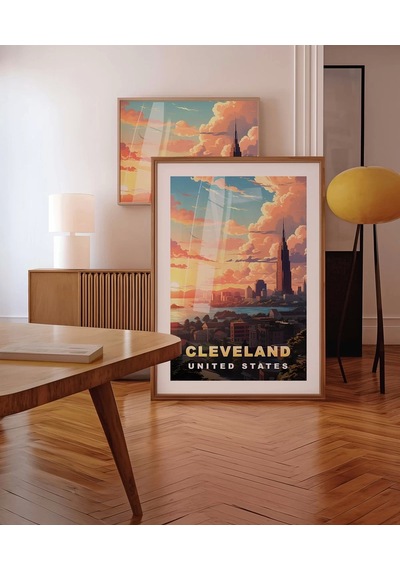 Çerçevesiz Poster Gün Batımında Şehir Silüeti