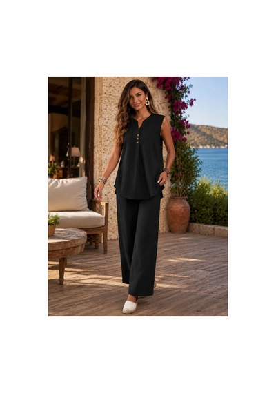 Unika Boutique Kadın Kısa Kollu Bürümcük Bluz Ve Pantolon Ikili Takım SIYAH