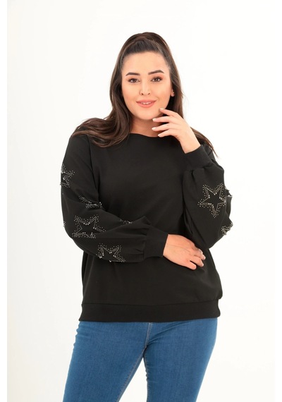 Aytemas Kolları Yıldız Taş Baskılı Sweatshirt Siyah
