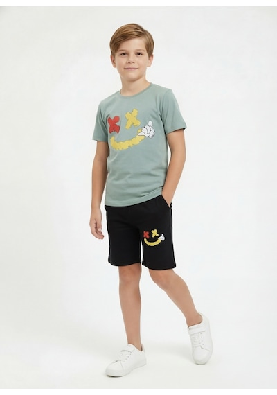 Fyk Kids 3'lü Yuvarlak Yaka Baskı Detaylı Erkek Çocuk 6 Parça Alt Üst Takım Sarı-beyaz-mint