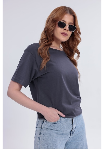 Myrab Denim Kadın Lacivert Basic Tişört Regular Fit Bisiklet Yaka %100 Pamuk 30/1 Süprem Kumaş Günlük T-shirt Antrasit
