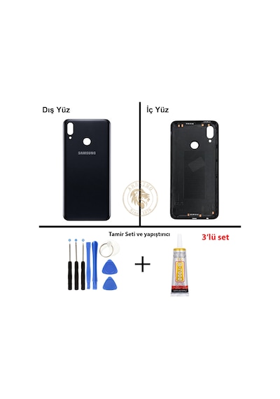 Samsung Galaxy A10s Siyah Renk Arka Kapak + Tamir Seti + B7000 Yapıştırıcı Arka Cam Batarya Kapağı Pil Kapağı Lazer Kesim Back Cover Galaxy A10s Uyumlu