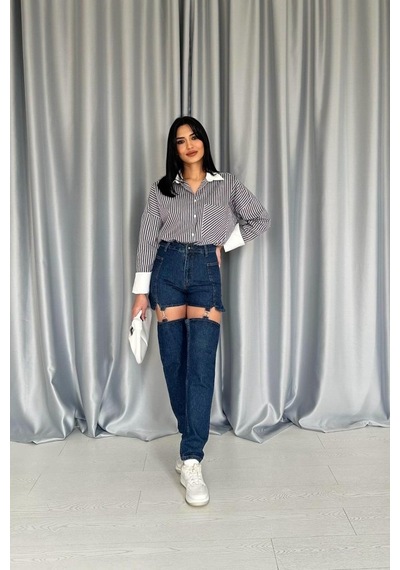 Mavi Askılı İki Parça Jeans Pantolon Mavi