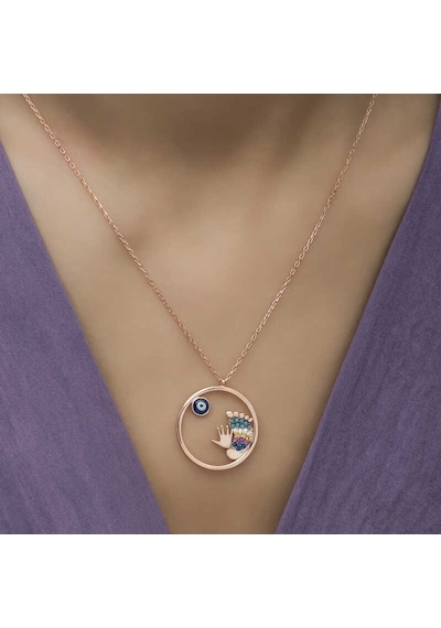 925 Ayar Gümüş Rose Altın Kaplama Kaplama Kaplama Nazarlı El Ve Ayak İzi Bayan Kolye Rose Gold