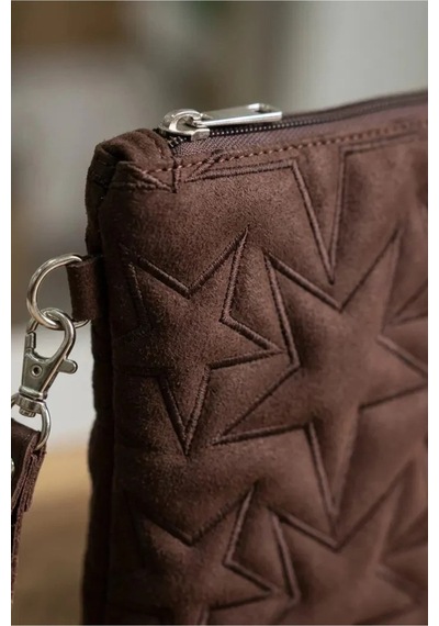 Adelina Bags Süet Yıldız Nakış İşlemeli Portföy El Çantası Bilek Askılı Astarlı Süet Clutch Çanta Kahve