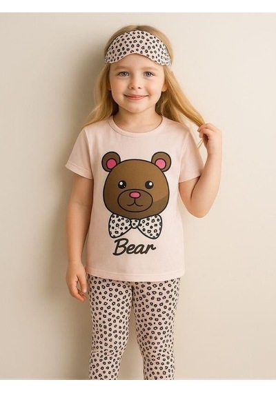 Kız Çocuk Pamuklu Kısa Kol Ayıcık Desenli Pijama Takımı Uyku Bandı Dahil -16055 Pembe