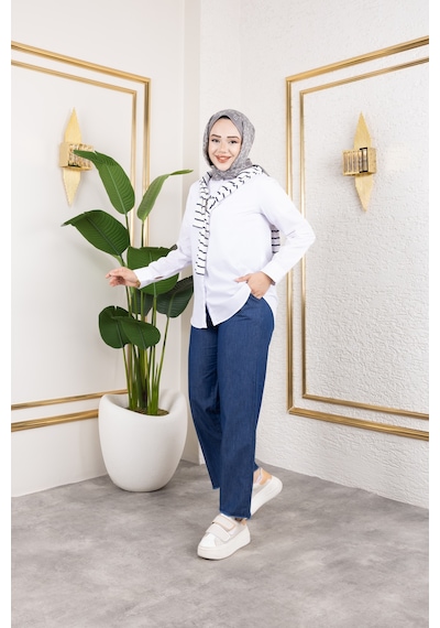 Nevayla Moda Beli Lastikli Keten Pantolon - Lacivert / A0104 Lacivert