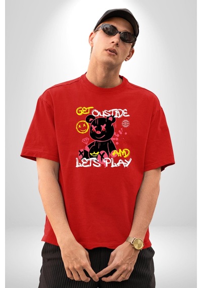 Dışarı Çık Ve Oynayalım Teddy Pamuklu Bisiklet Yaka Unisex Oversize Boyfriend Dijital Baskılı Kırmızı T-shirt Kırmızı
