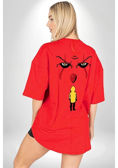 Pennywise Vs Georgie Korku Filmi Kırmızı Oversize Unisex Ön Ve Sırt Baskılı Tişört Kırmızı
