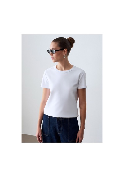 Dilvin 32779 Bisiklet Yaka T-shirt-beyaz-16479