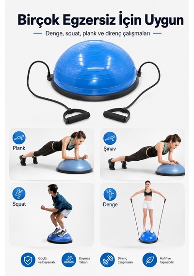 Bosu Ball Denge Topu 45 Cm Pilates Aleti Direnç Lastiği + Pompa Dahil Kaymaz Taban