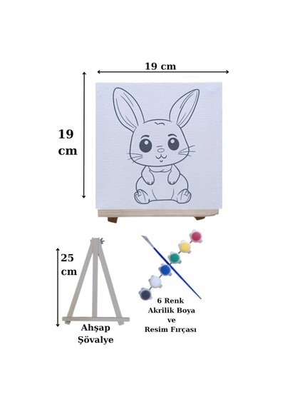 Çocuklar İçin Tuval Boyama Seti Sevimli Tavşan 19x19 Cm Tuval, Şövale, Fırça Ve 6 Renk Akrilik Boya Seti