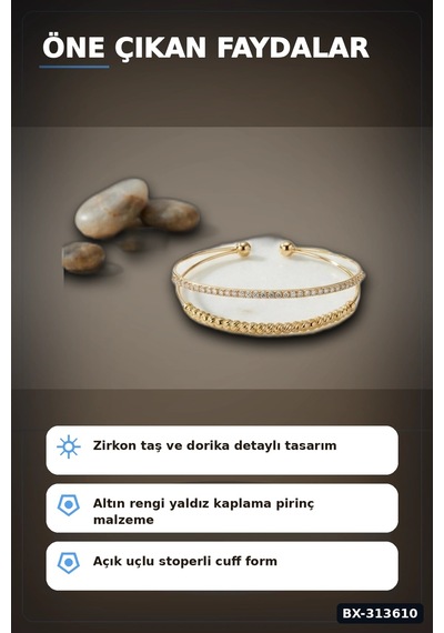 Bay Yaldız Kaplama Pirinç Dorika Ve Zirkon Taşlı Kadın Bileklik - 20 Cm Uzunluk Bx-313610 Najmaddin Standart