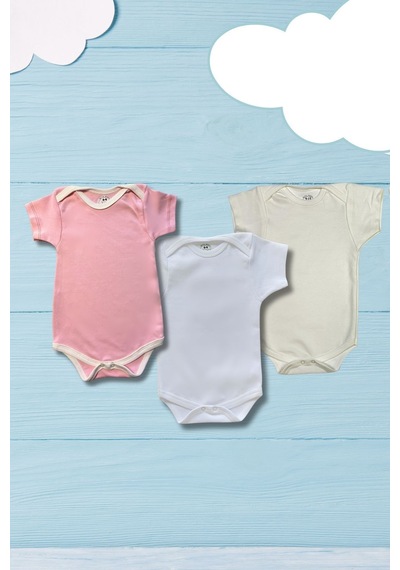 Betül Bebek Kısa Kollu 3'lü Organik Pamuk Çıtçıtlı Bebek Body&zıbın Pembe,beyaz,ekru Çok Renkli