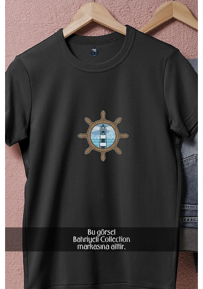 Oversize Deniz Feneri Ve Dümen Tasarım Denizci Tasarımlı Unisex T-shirt Siyah