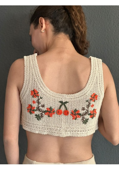 Gönülden Tasarım Triko Kirazlı Nakış İşleme Kadın Crop Renkli
