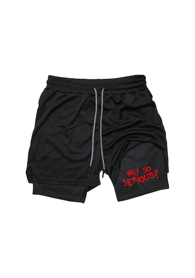 Maki Home Hızlı Kuruyan 2 İn 1 Yetişkin Unisex Spor Why So Serious Baskılı Taytlı Şort Fitness Gym Antrenman Siyah