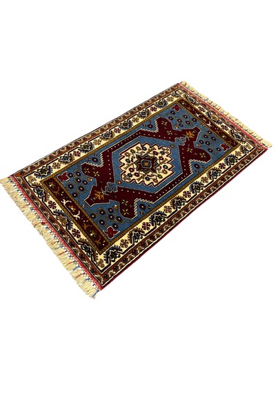 El Dokuma Sıfır Koleksiyonluk Yahyalı Halısı 93x160 Mavi Kırmızı Yün Kök Boya