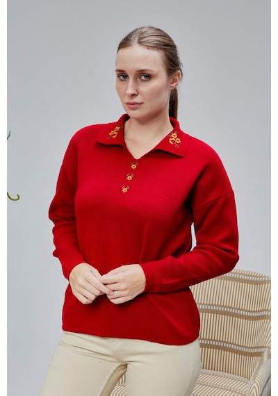 Lugmo Kadın Polo Yaka Oversize Çiçek Nakışlı Triko Kazak Kırmızı Kırmızı