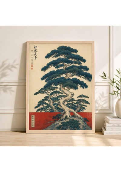 Japon Ağacı Sanat Baskısı, Vintage Botanik Bonsai Posteri, Ahşap Baskı Çam Duvar Dekoru