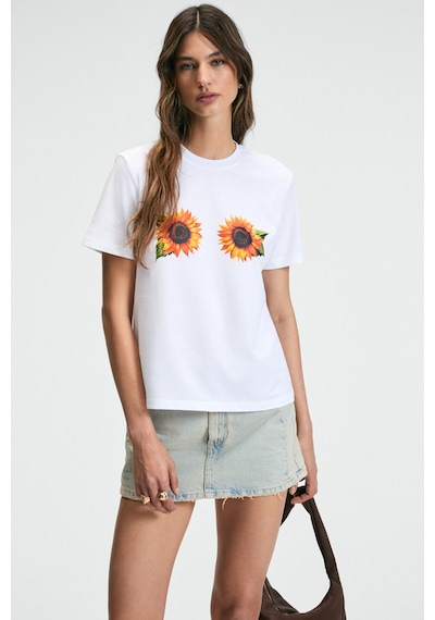 ETHIQUET KARIVA Kadın Bisiklet Yaka Kısa Kollu Ön Baskı Detaylı Regular Fit Beyaz / Desenli T-Shirt