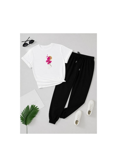 Herkesemoda Pembe Çiçekler Baskı Detaylı T-shirt Eşofman Takımı Beyaz