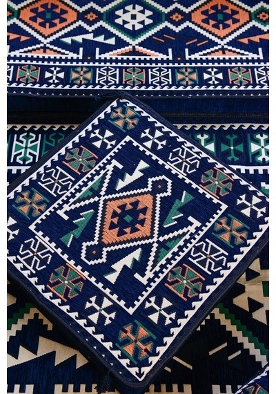Otantik Şark Köşesi Takımı Lacivert Anadolu 18 Parça Kilim Ve Puf Dahil Süngerli Sedir Seti