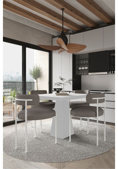 Avvio Savana Beyaz Lake Mdf Ayak 90x90 Yemek Masası Mutfak Masası 4 Kişilik Masa Takımı Teddy Sandalye Beyaz