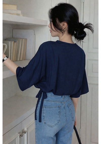 Kadın Oversize Basic Haki Tişört Yan Bağlamalı Rahat Kesim Günlük Yazlık T-shirt Lacivert