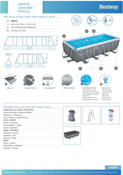 Bestway 56670 Steel Pro Max Prefabrik Yer Üstü Havuz Seti 4,88 M X 2,44 M X 1,22 M