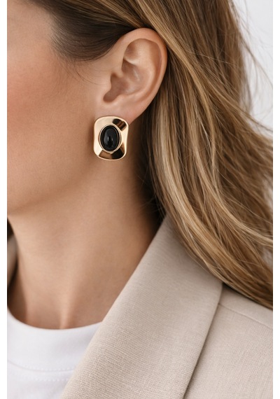 Gold Siyah Taşlı Küpe Modern & Şık Kadın Küpe Minimal Premium Tasarım Altın