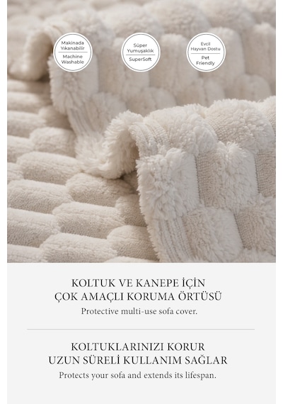 Soft Kürklü Koltuk Örtüsü 170x215 Cm Yumuşak Peluş Kaymaz Taban Kanepe Örtüsü Bej