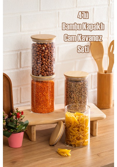 Porsima 2-4 Bambu Borosilikat Vakumlu Kapaklı Yuvarlak Cam 4lü Kavanoz Seti Saklama Kabı 1300ml 10x20cm