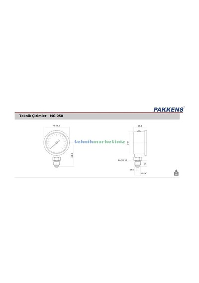 50Mm -760 Mmhg 1 4" Alttan Çıkışlı Gliserinli Vakummetre Pakkens