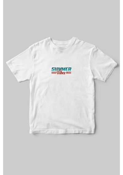 Summer Vibes Yazlık Kısa Kollu Kumsal Güneş Tasarımlı Minimal %100 Pamuk Bisiklet Yaka Beyaz T-shirt Beyaz