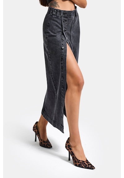 it's basic Kadın Gri Füme Renk Tilia Önü Düğmeli Maxi Boy Denim Etek