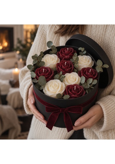 Bordo Ve Krem Gül Mum Kutusu Okaliptüslü