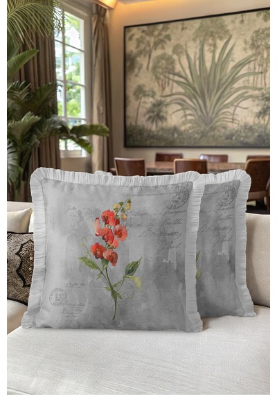 Vintage Çiçek Botanik Saçaklı Yastık Kılıfı - Nostaljik Floral Gri Krem Püsküllü Kırlent Kılıfı Gri