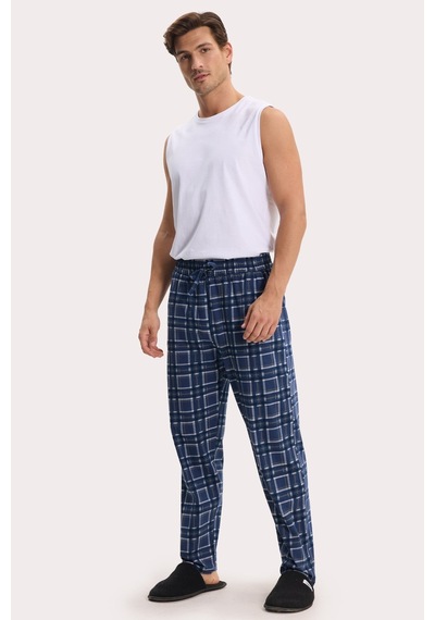 Tudors Erkek Standart Fit Normal Kesim Pamuklu Kareli Beli Bağcıklı Cepli Lacivert Pijama Altı-51261