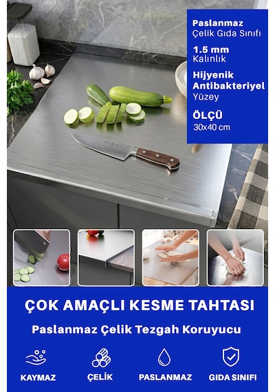 Büyük Boy Paslanmaz Çelik Metal Tezgah Koruyucu - Kesme Tahtası, Hamur Açma Matı Ve Doğrama Tahtası Gümüş