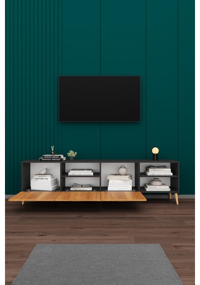 Asra Trend Tv Ünitesi T-22 %100 MDF 200 cm Büyük Boy Tv Sehpası Dolaplı Raflı Petra-Koyu Gri Asra Trend Tv Ünitesi T-22 %100 MDF 200 cm Büyük Boy Tv Sehpası Dolaplı Raflı Petra-Koyu Gri