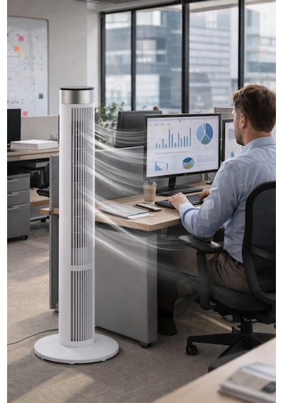 Exenar - Beyaz - Uzaktan Kumandalı Kule Tipi Fan 39" 45w 3 Rüzgar Modlu Led Dokunmatik Ekran Vantilatör Tower Fan