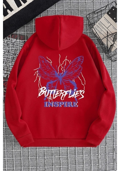 Uyguntarz Unisex Butterfly Letter Graphic Baskılı Sweatshirt Kırmızı